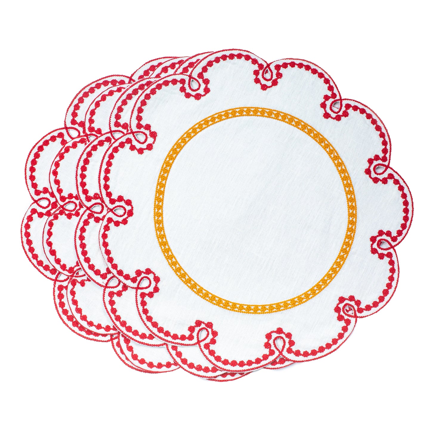 Fete Embroidered Linen Placemats in Red/Amber (Set of 4)