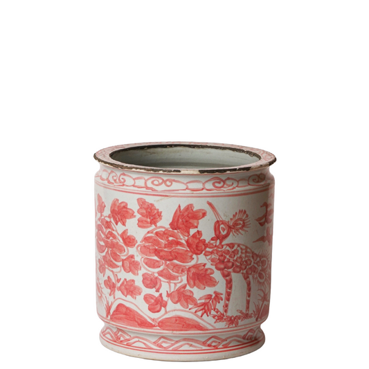 Rustic Peacock Red and White Porcelain Cachepot