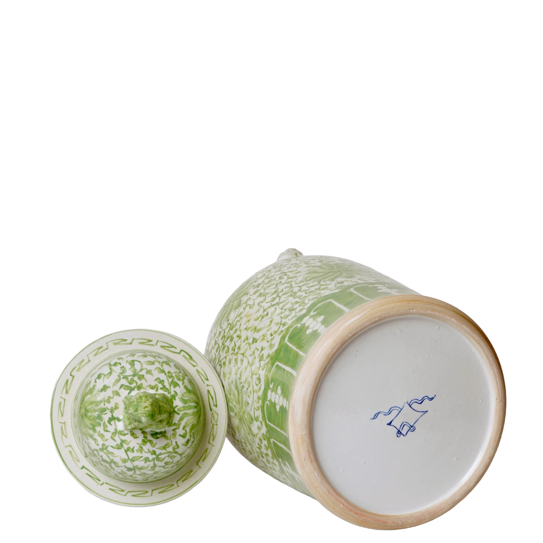 Green and White Porcelain Scrolling Lotus Temple Jar