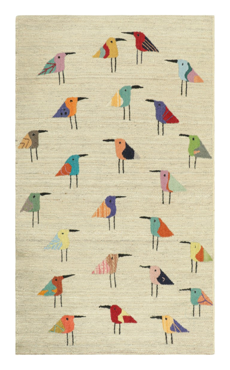 Wool Cream Rug with Bird Pictorials
