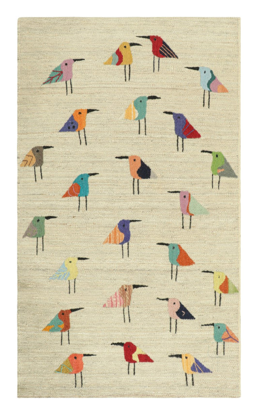 Wool Cream Rug with Bird Pictorials
