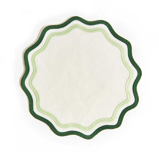 Misette Colorblock Embroidered Linen Placemats in Dark Green/Sage (Set of 4)