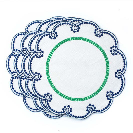 Misette Fete Embroidered Linen Placemats in Blue/Green (Set of 4)
