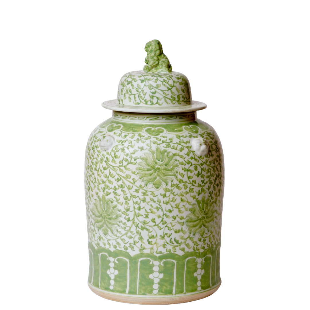 Green and White Porcelain Scrolling Lotus Temple Jar