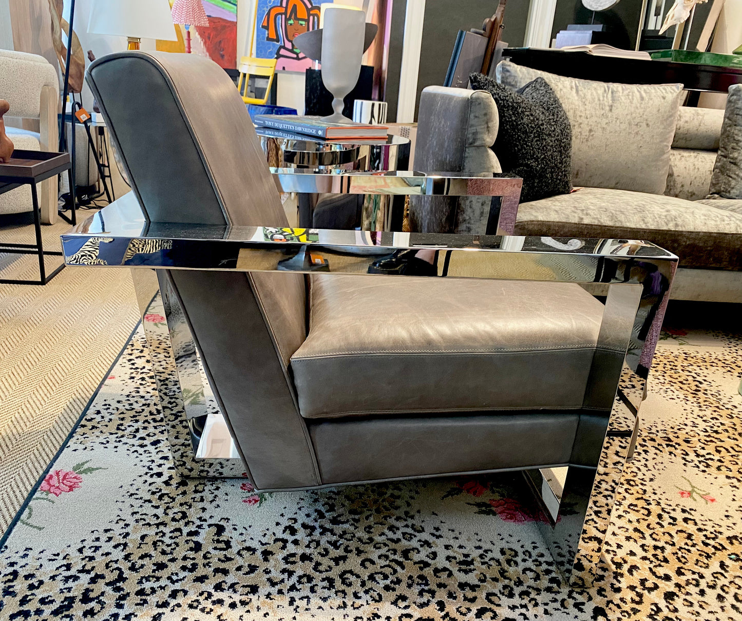 Thayer Coggin Cool Roger Lounge Chair in Grey Leather